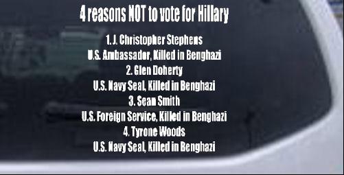 Reasons NOT To Vote For Hillary Political car-window-decals-stickers