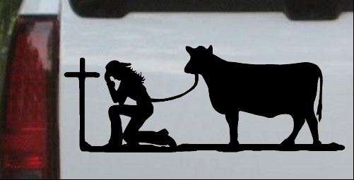 Cowgirl Kneeling At The Cross With Cow