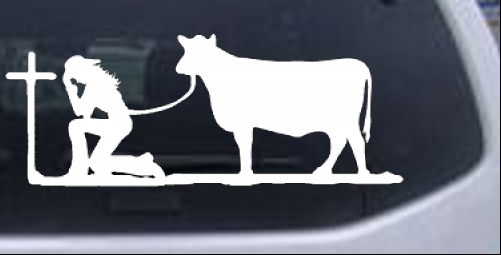 Cowgirl Kneeling At The Cross With Cow Christian car-window-decals-stickers