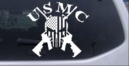 USMC Punisher Skull US Flag Crossed AR15 Guns Military car-window-decals-stickers