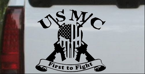 USMC United States Marine Corps First to Fight Punisher Skull US Flag Crossed AR15 Guns