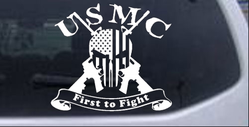 USMC United States Marine Corps First to Fight Punisher Skull US Flag Crossed AR15 Guns Military car-window-decals-stickers