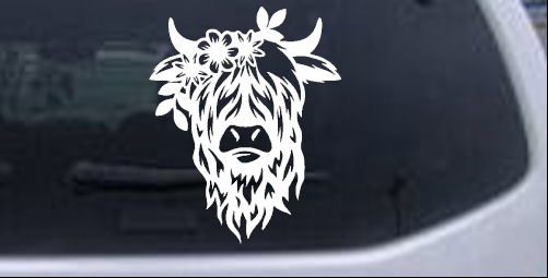 Cute Long Hair Cow with Flowers Animals car-window-decals-stickers
