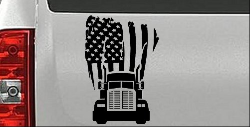 American Trucker with Tattered American Flag and Truck Car or Truck Vinyl Window Decal Sticker