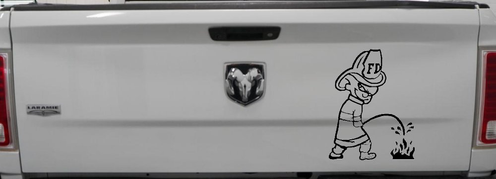 Funny Fireman Peeing on Fire Car Truck Window Decal Sticker (Black)