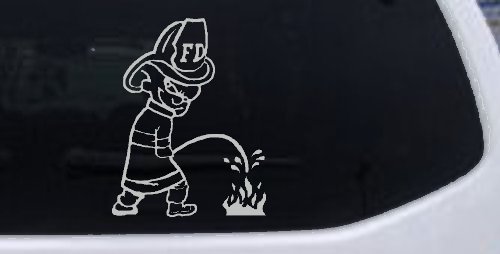 Fireman Pee on Fire Car or Truck Window Decal Sticker (Light Gray)