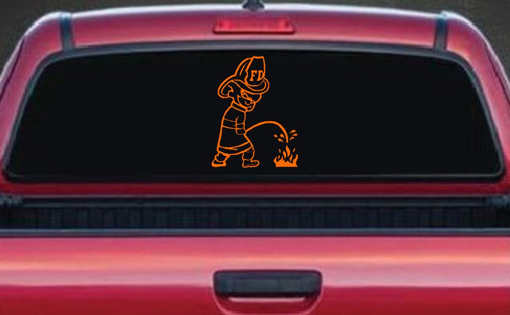 Fireman Pee on Fire Car or Truck Window Decal Sticker (Orange)