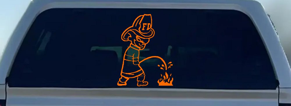 Funny Fireman Peeing on Fire Car Truck Window Decal Sticker (Orange)