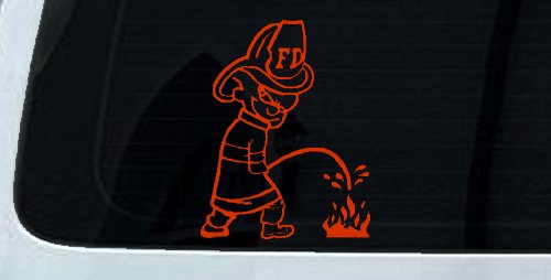 Fireman Pee on Fire Car or Truck Window Decal Sticker (Orange Red)