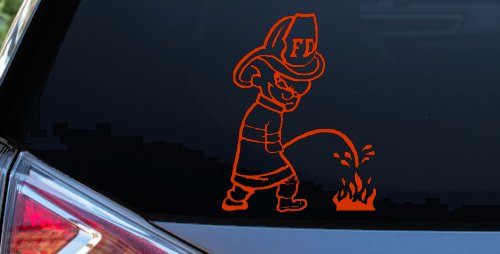 Fireman Pee on Fire Car or Truck Window Decal Sticker (Orange Red)