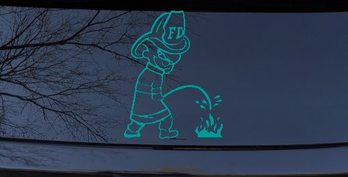 Fireman Pee on Fire Car or Truck Window Decal Sticker (Turquoise)