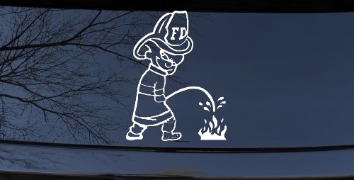 Fireman Pee on Fire Car or Truck Window Decal Sticker (White)