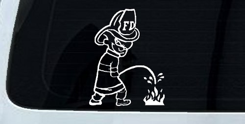 Fireman Pee on Fire Car or Truck Window Decal Sticker (White)