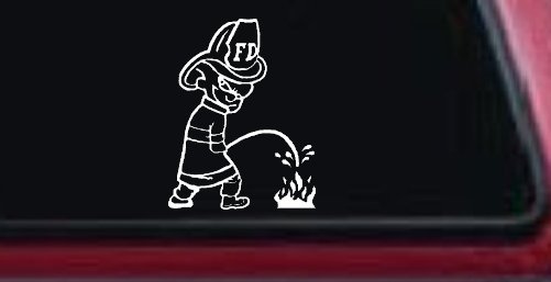 Fireman Pee on Fire Car or Truck Window Decal Sticker (White)