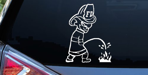 Funny Fireman Peeing on Fire Car Truck Window Decal Sticker (White)