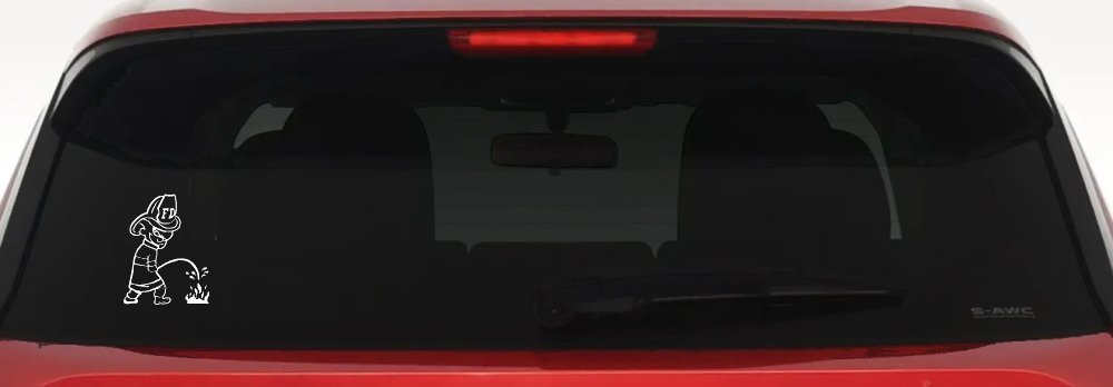 Funny Fireman Peeing on Fire Car Truck Window Decal Sticker (White)