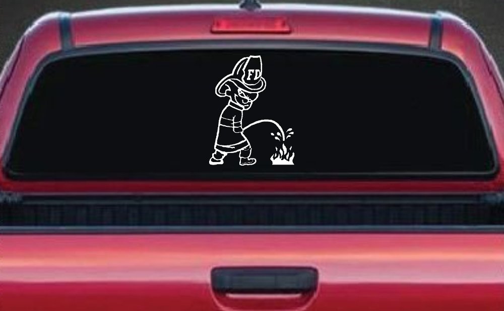 Fireman Pee on Fire Car or Truck Window Decal Sticker (White)