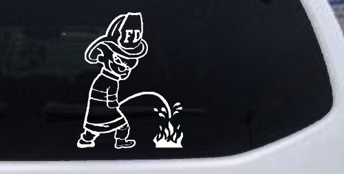 Fireman Pee on Fire Car or Truck Window Decal Sticker (White)