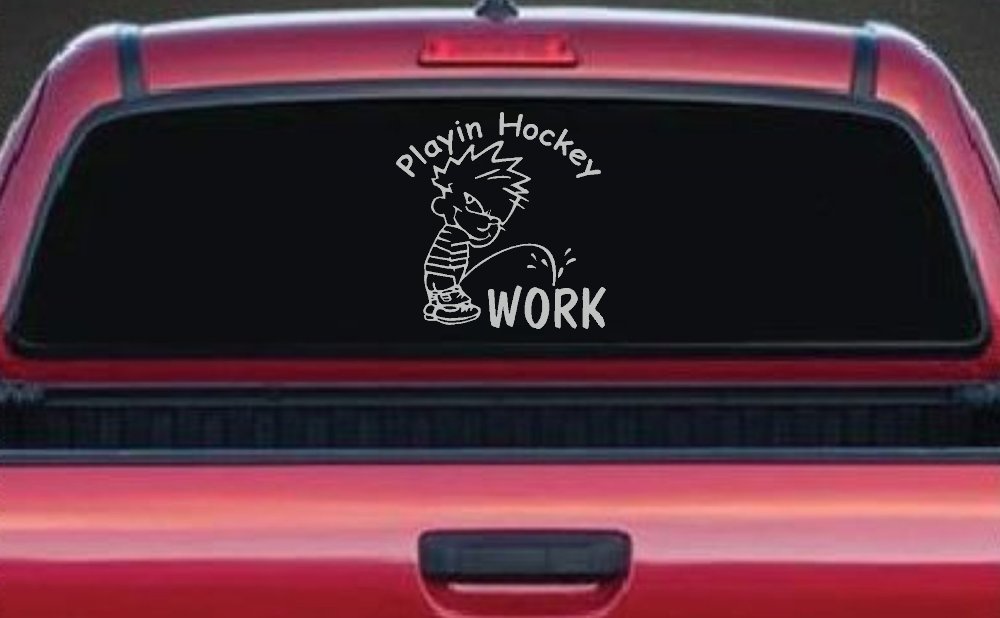 Playin Hockey Pee on work Funny Car or Truck Window Decal Sticker (Light Gray)