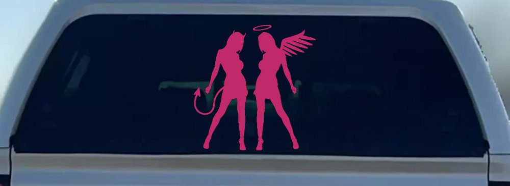 Sexy Good Evil Twins Angel and Devil Girls Sexy Car or Truck Window Decal Sticker (Hot Pink)