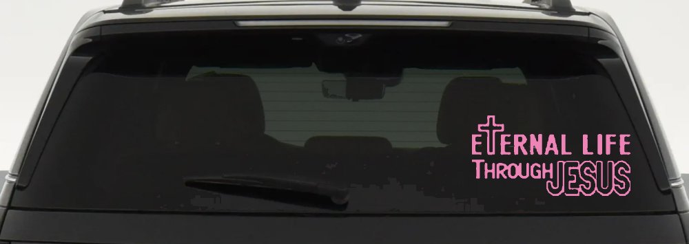 Eternal Life Through Jesus Christian Car or Truck Window Decal Sticker (Pink)