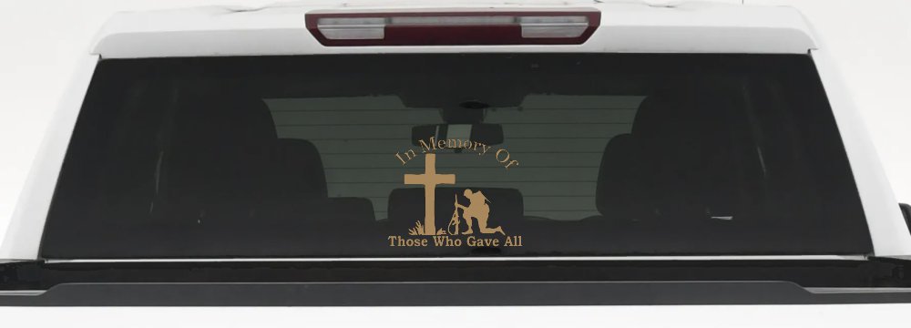 In Memory Of Those Who Gave All Soldier at Cross Military Car or Truck Window Decal Sticker (Light Brown)