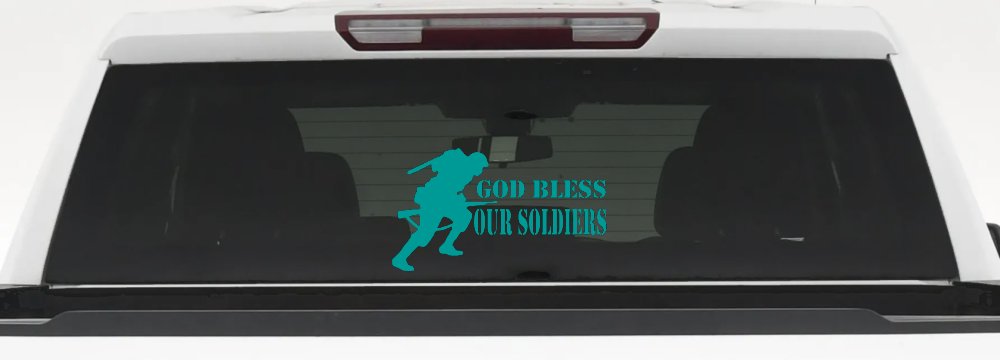 God Bless Our Soldiers Military Car or Truck Window Decal Sticker (Turquoise)