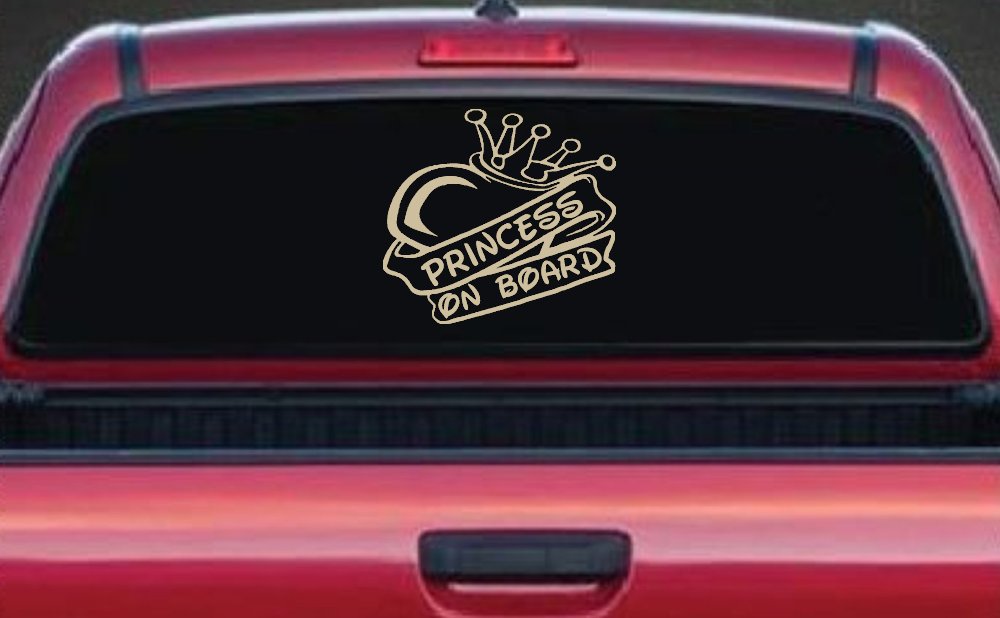 Princess On Board with Heart and Crown Car or Truck Window Decal Sticker (Desert Sand)