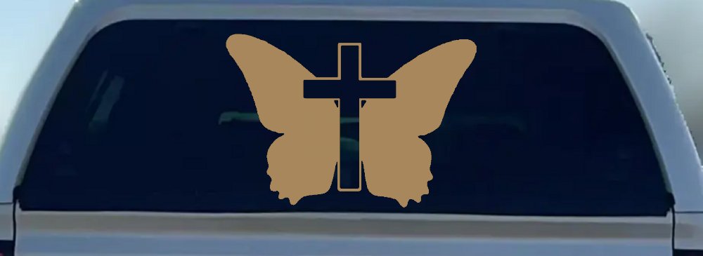 Butterfly With Cross Christian Car or Truck Window Decal Sticker (Light Brown)