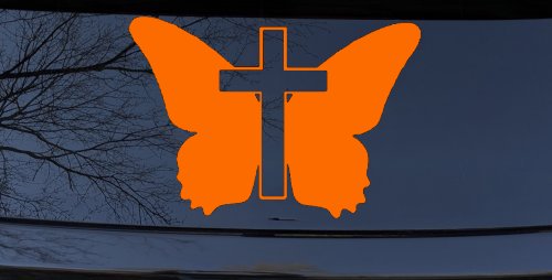Christian Butterfly Cross Decal for Car Truck Window - Faith Sticker (Orange)