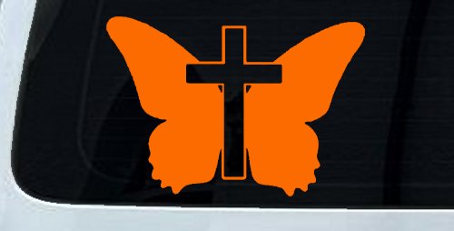 Butterfly With Cross Christian Car or Truck Window Decal Sticker (Orange)