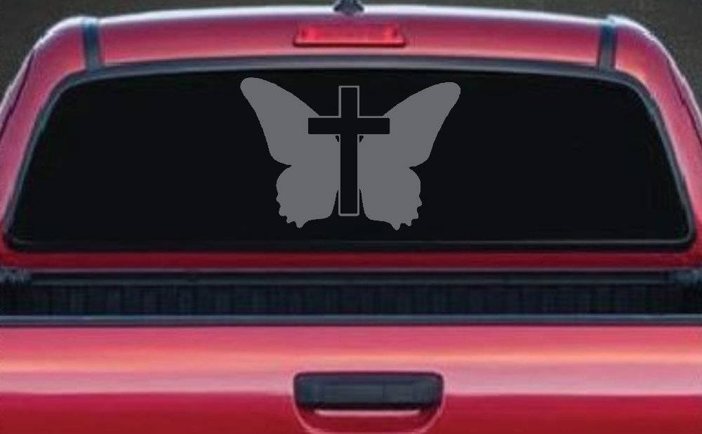 Christian Butterfly Cross Decal for Car Truck Window - Faith Sticker (Silver)