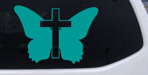 Butterfly With Cross Christian Car or Truck Window Decal Sticker (Turquoise)