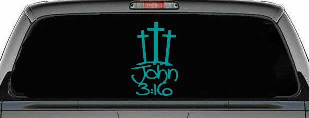 3 Crosses With John 3:16 Christian Car or Truck Window Decal Sticker (Turquoise)
