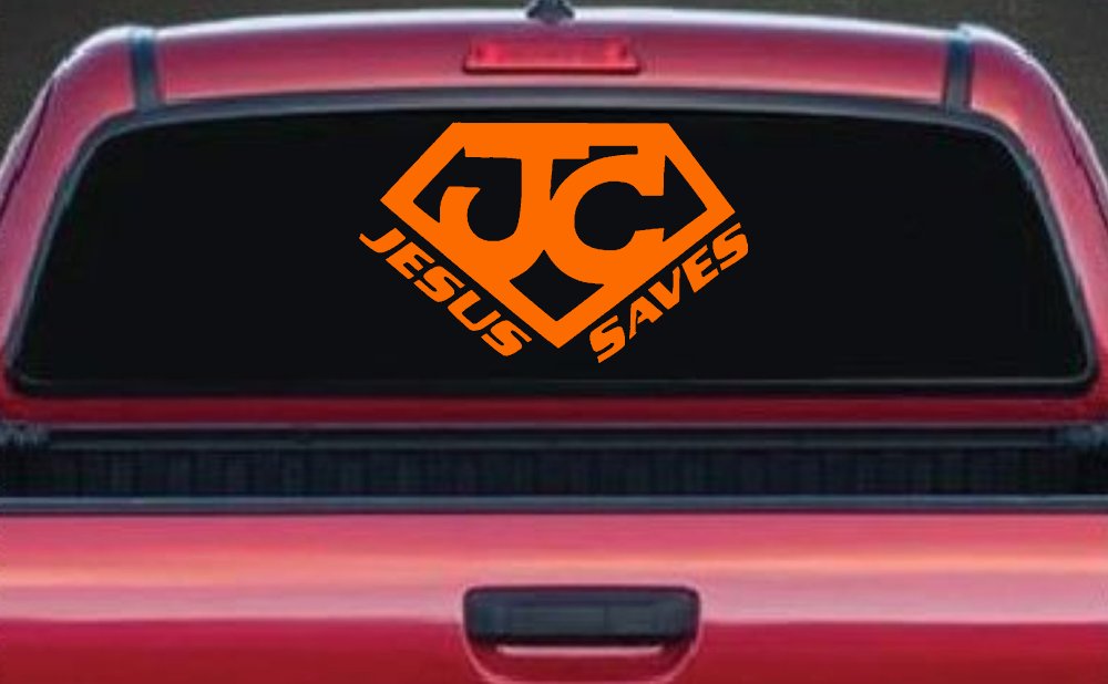Jesus Saves Vinyl Decal | Christian Car & Truck Window Sticker (Orange)