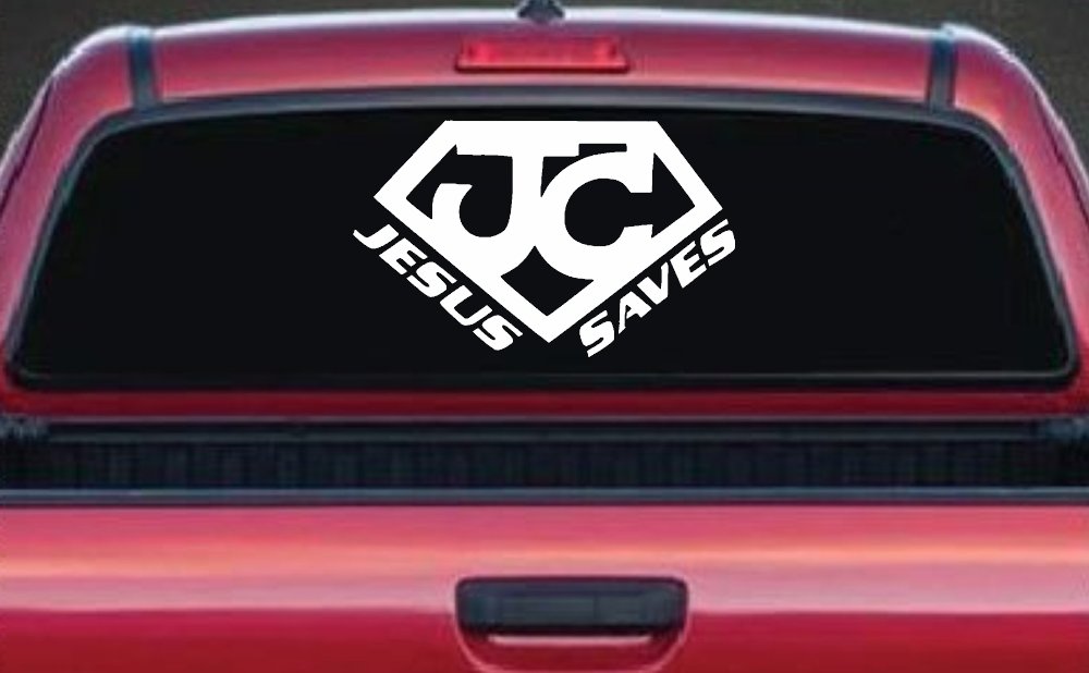 Jesus Saves Vinyl Decal | Christian Car & Truck Window Sticker (White)