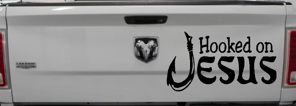 Hooked On Jesus with Fish Hook Christian Car or Truck Window Decal Sticker (Black)