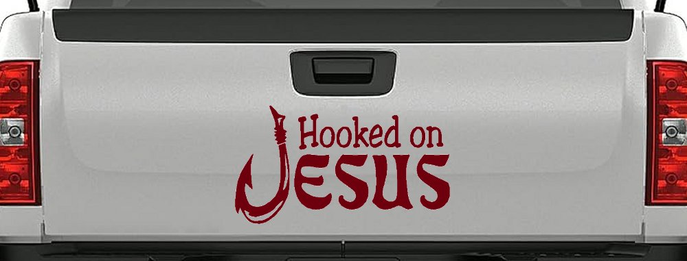 Hooked On Jesus with Fish Hook Christian Car or Truck Window Decal Sticker (Burgundy)