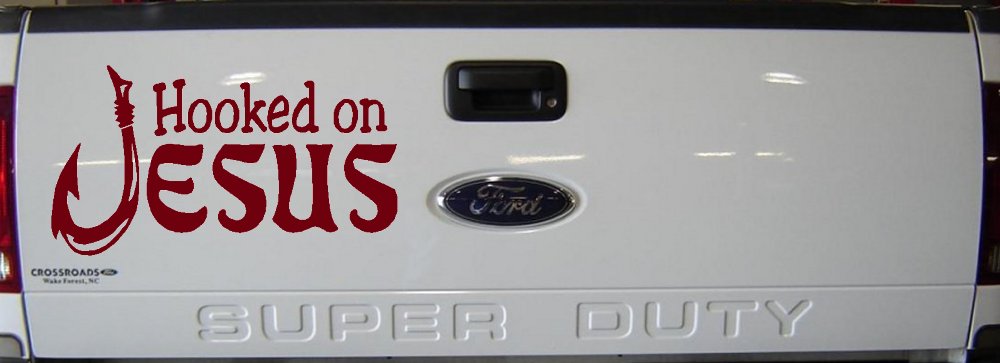 Hooked On Jesus with Fish Hook Christian Car or Truck Window Decal Sticker (Burgundy)
