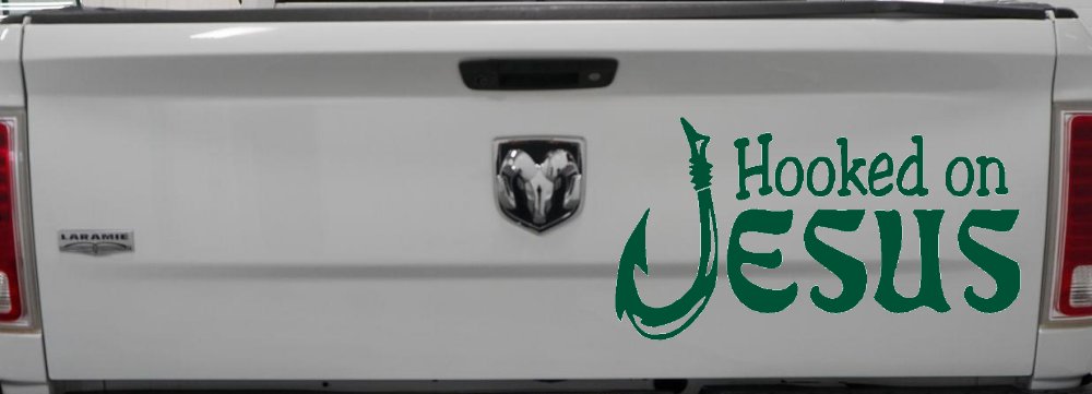 Hooked On Jesus with Fish Hook Christian Car or Truck Window Decal Sticker (Dark Green)