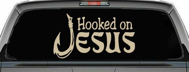 Hooked On Jesus with Fish Hook Christian Car or Truck Window Decal Sticker (Desert Sand)