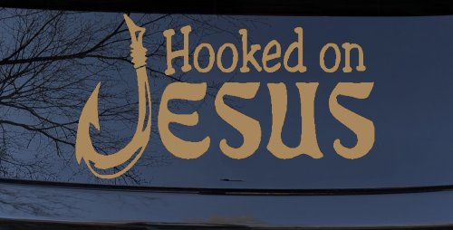 Hooked On Jesus with Fish Hook Christian Car or Truck Window Decal Sticker (Light Brown)