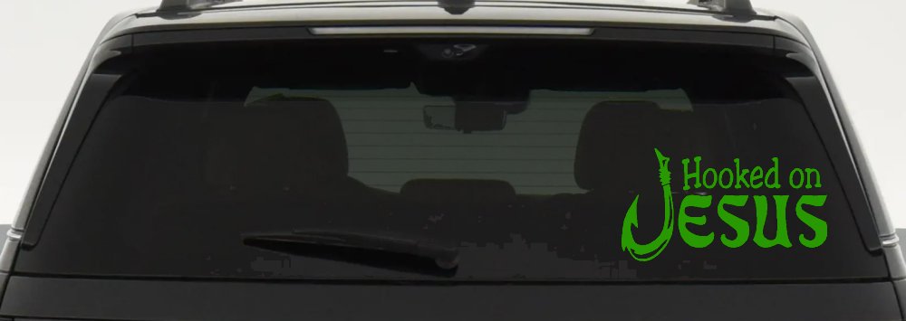 Hooked On Jesus with Fish Hook Christian Car or Truck Window Decal Sticker
