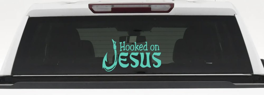 Hooked On Jesus with Fish Hook Christian Car or Truck Window Decal Sticker