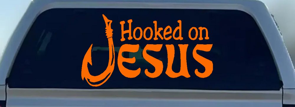 Hooked On Jesus with Fish Hook Christian Car or Truck Window Decal Sticker (Orange)
