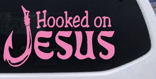 Hooked On Jesus with Fish Hook Christian Car or Truck Window Decal Sticker (Pink)