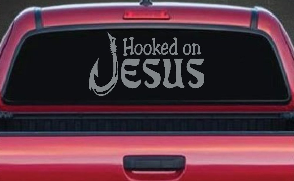Hooked On Jesus with Fish Hook Christian Car or Truck Window Decal Sticker