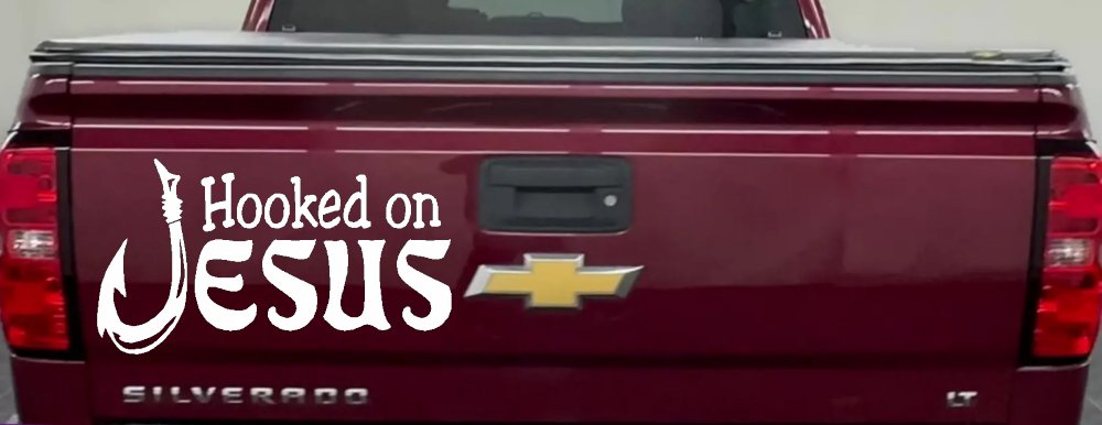 Hooked On Jesus with Fish Hook Christian Car or Truck Window Decal Sticker (White)