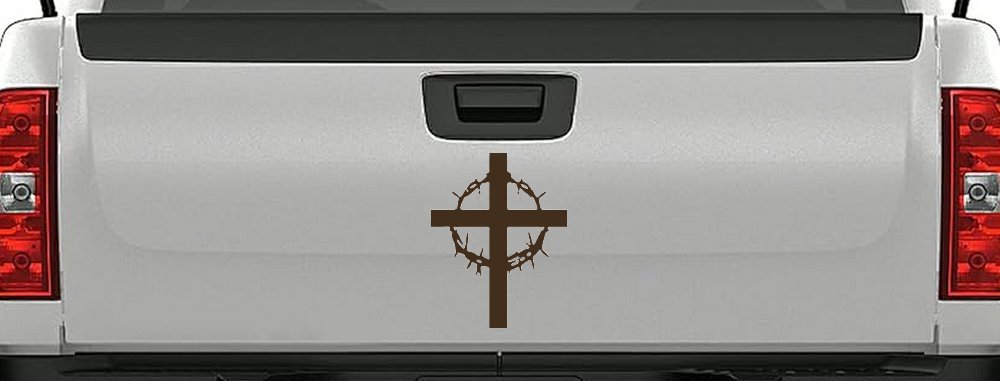Cross With Thorn Crown Christian Car or Truck Window Decal Sticker (Brown)