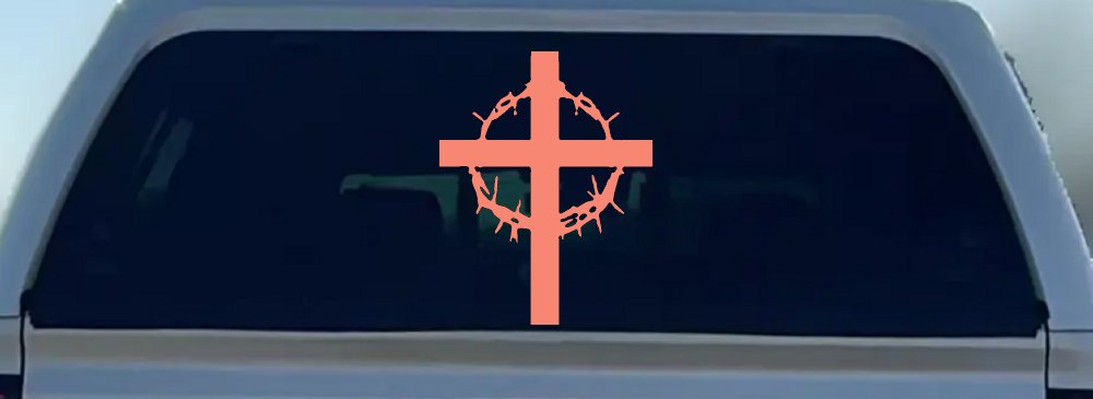 Cross With Thorn Crown Christian Car or Truck Window Decal Sticker (Coral)